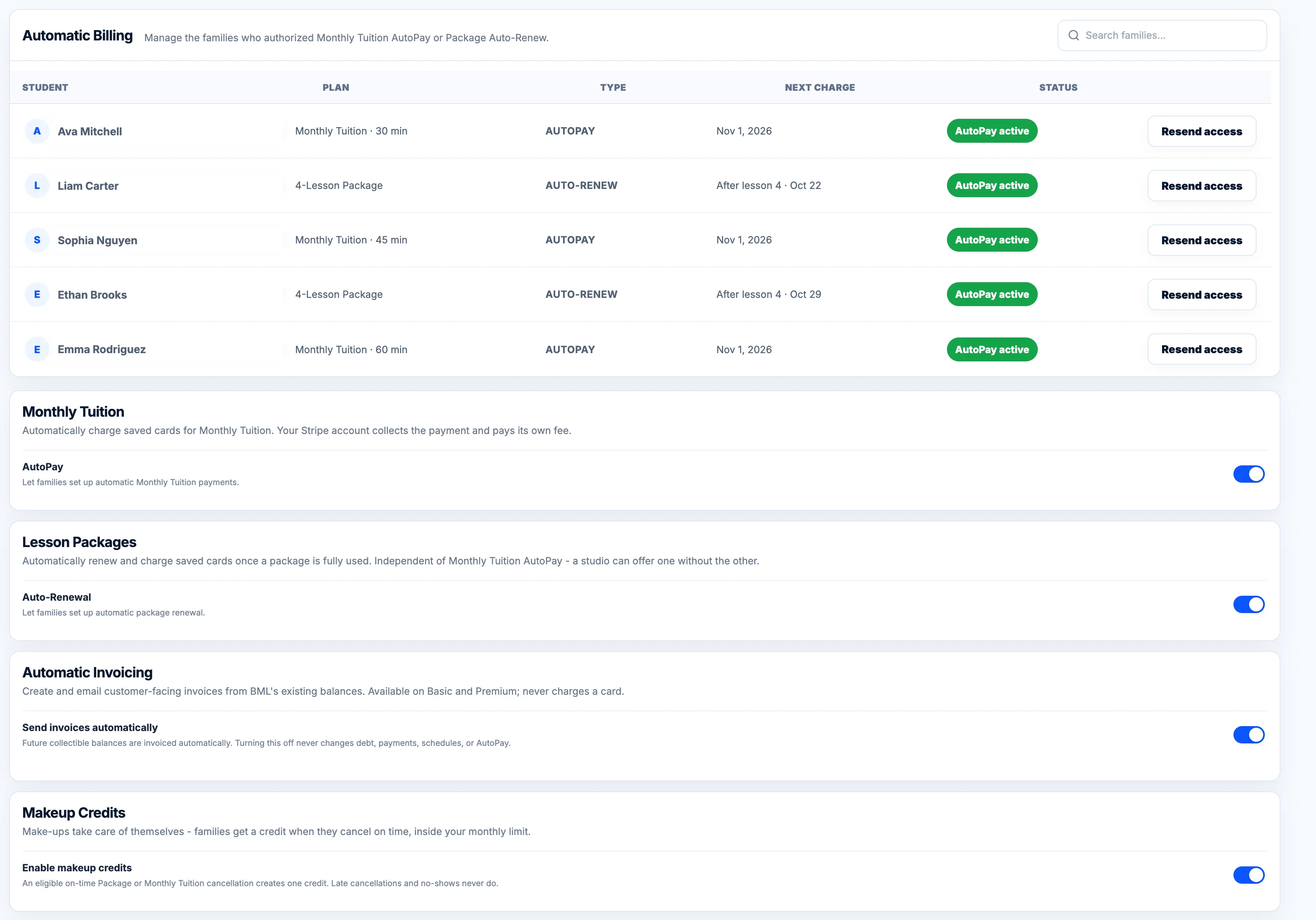 BookMyLesson automatic billing: AutoPay, Auto-Renewal, Automatic Invoicing and makeup credits