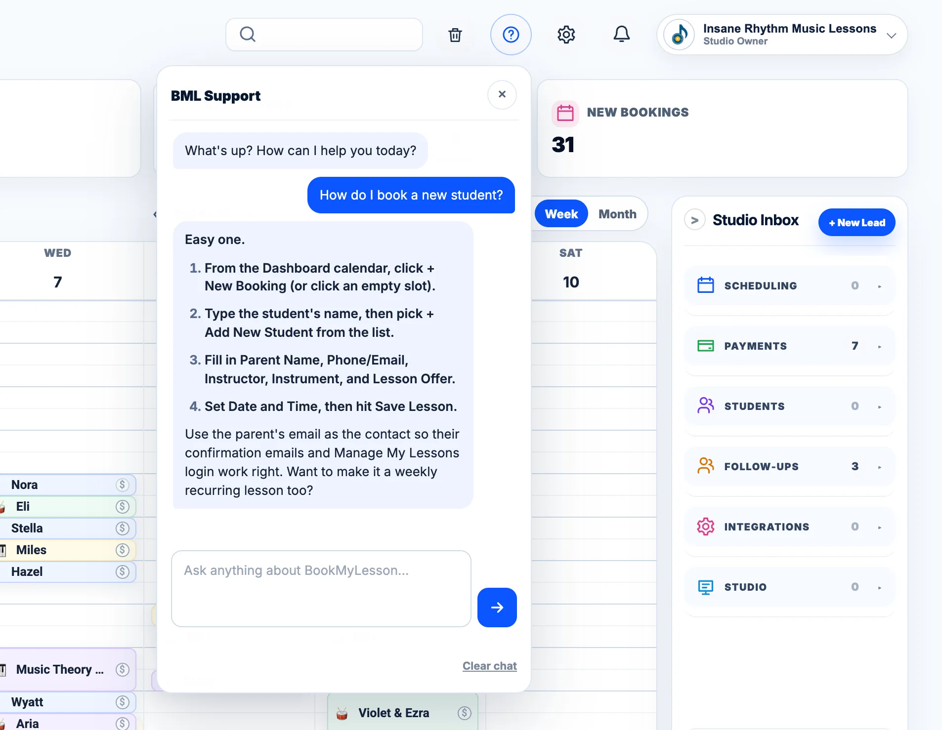 BML AI Support answering how to book a new student