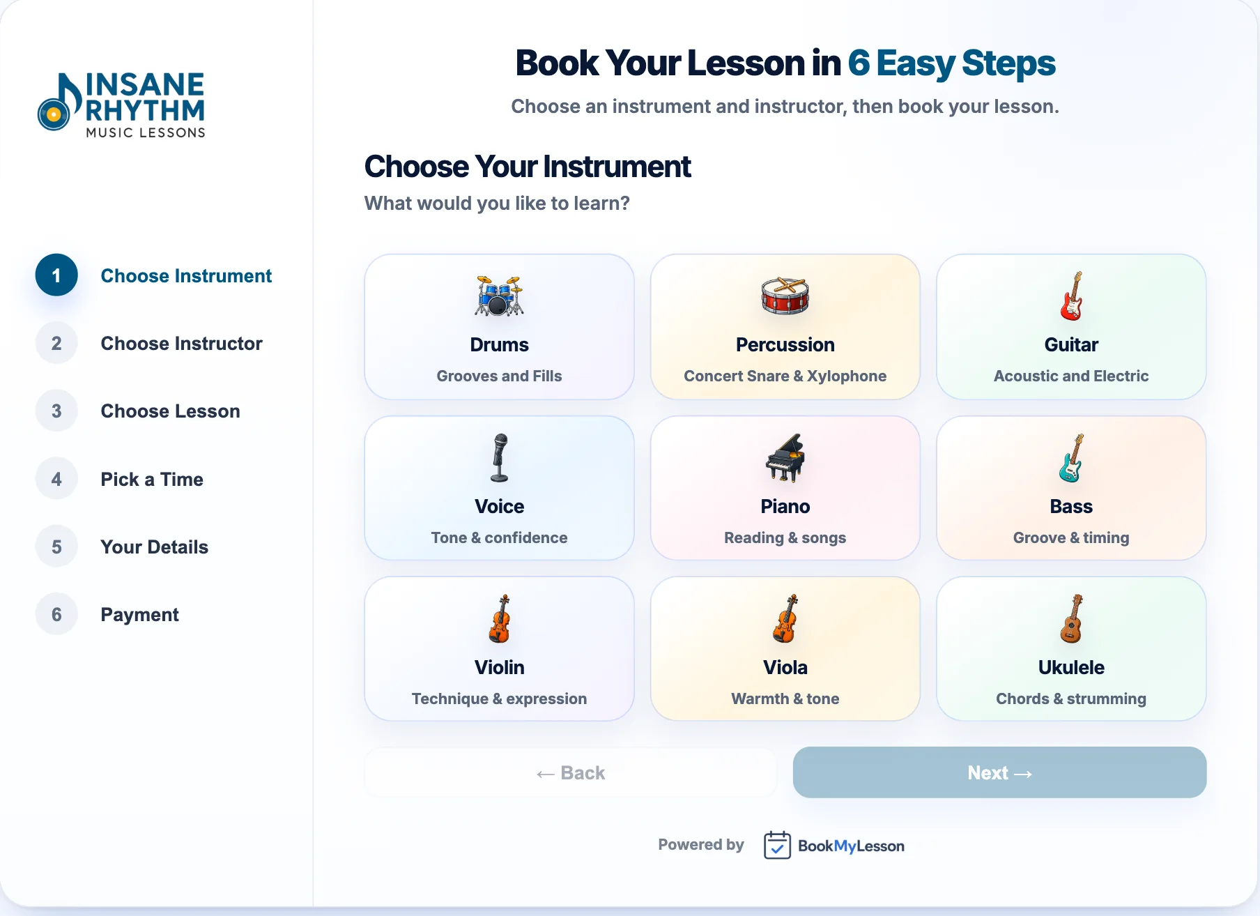 The BookMyLesson booking app a family sees: pick an instrument, a teacher and a time