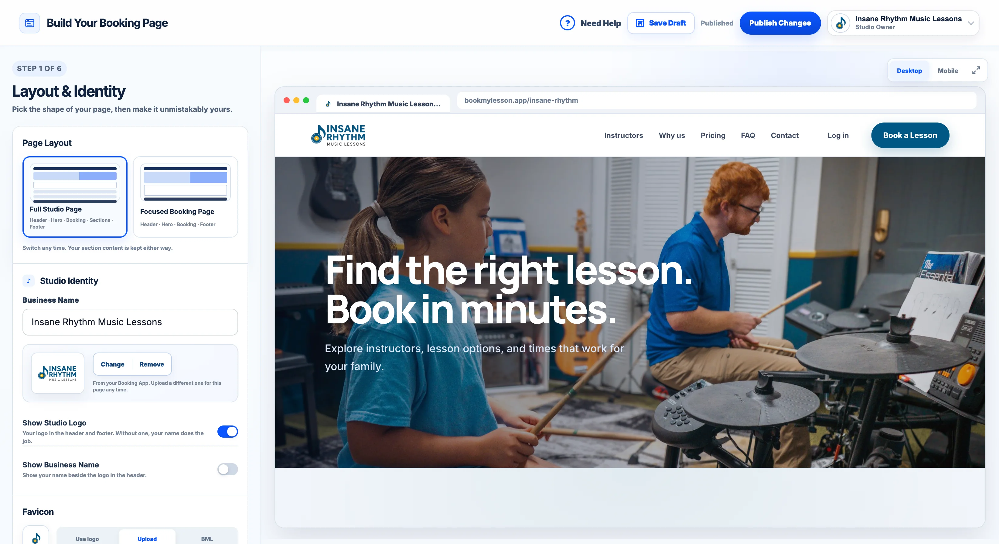The Booking Page builder with a live preview of a studio's Booking Page