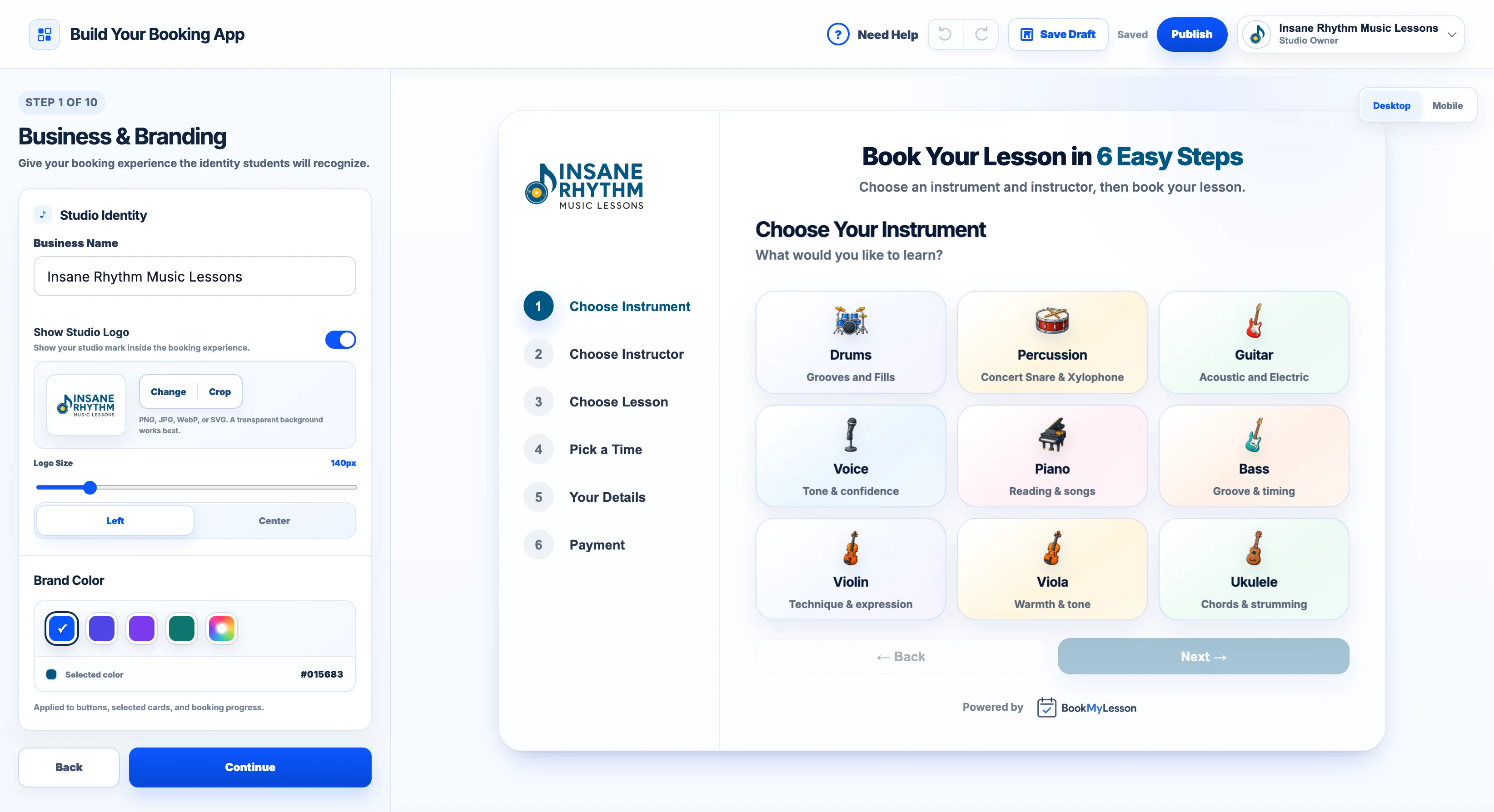 The BookMyLesson booking app builder with a live preview of a studio's booking app