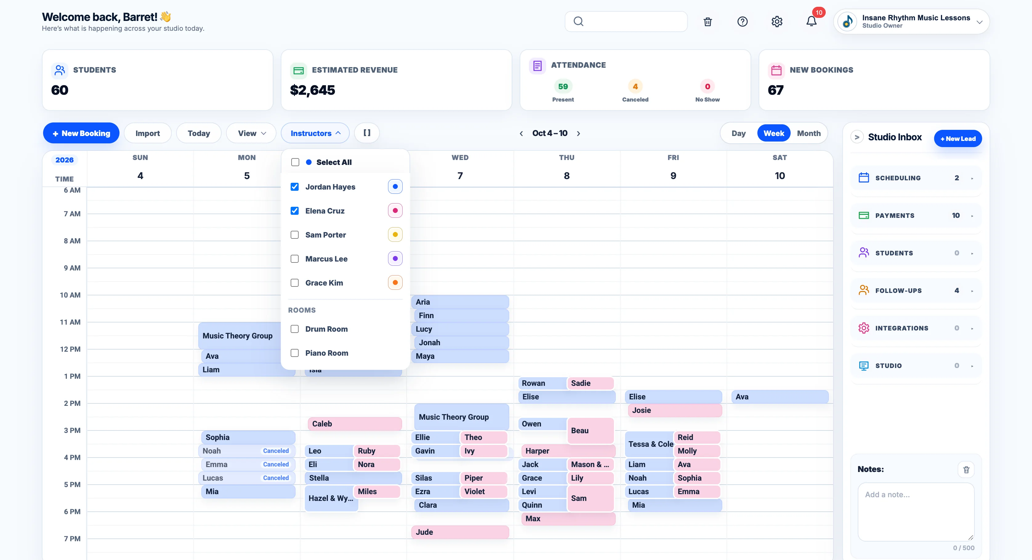 The BookMyLesson dashboard calendar with a week of lessons