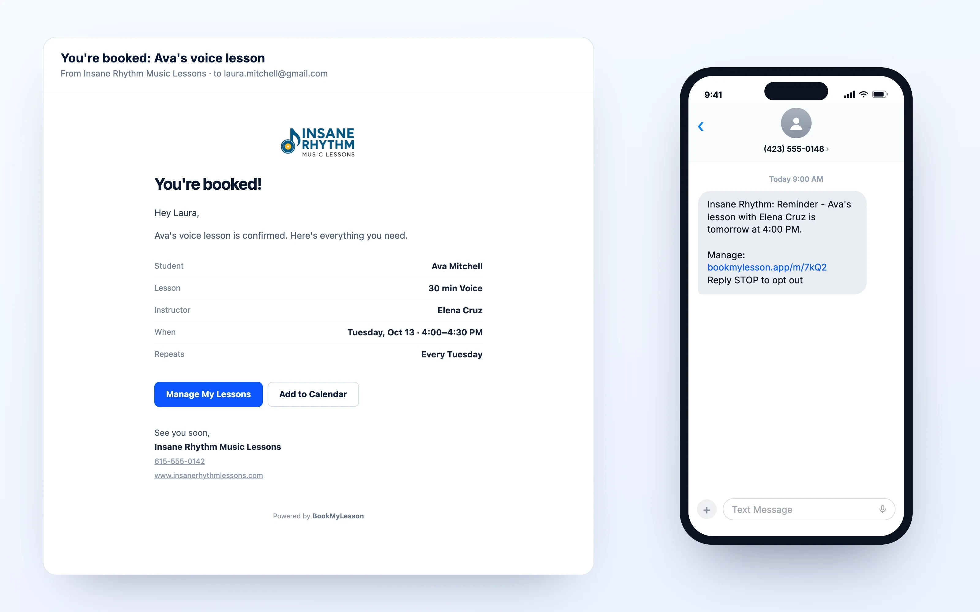A BookMyLesson confirmation email and reminder text