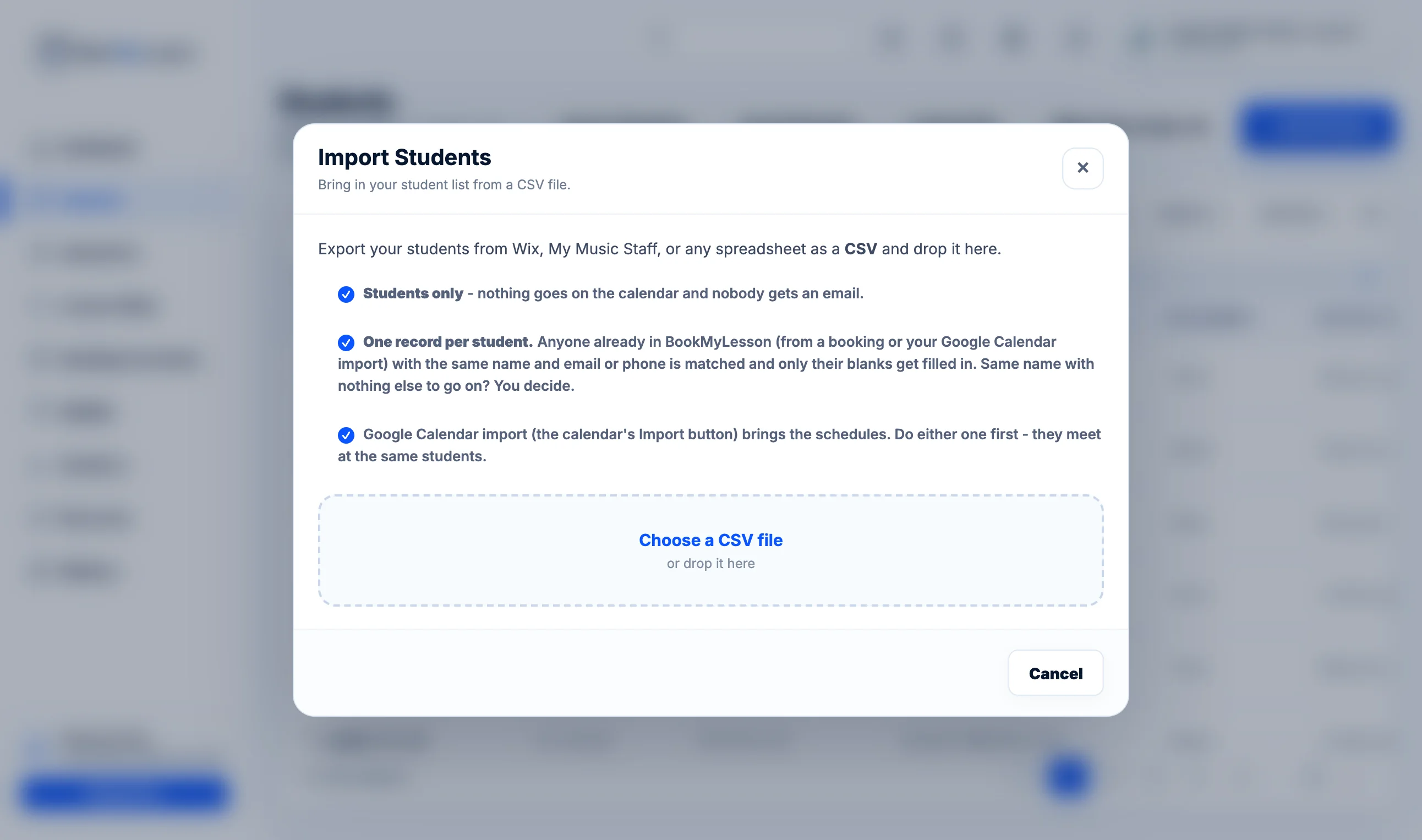 BookMyLesson Import Students from a CSV file