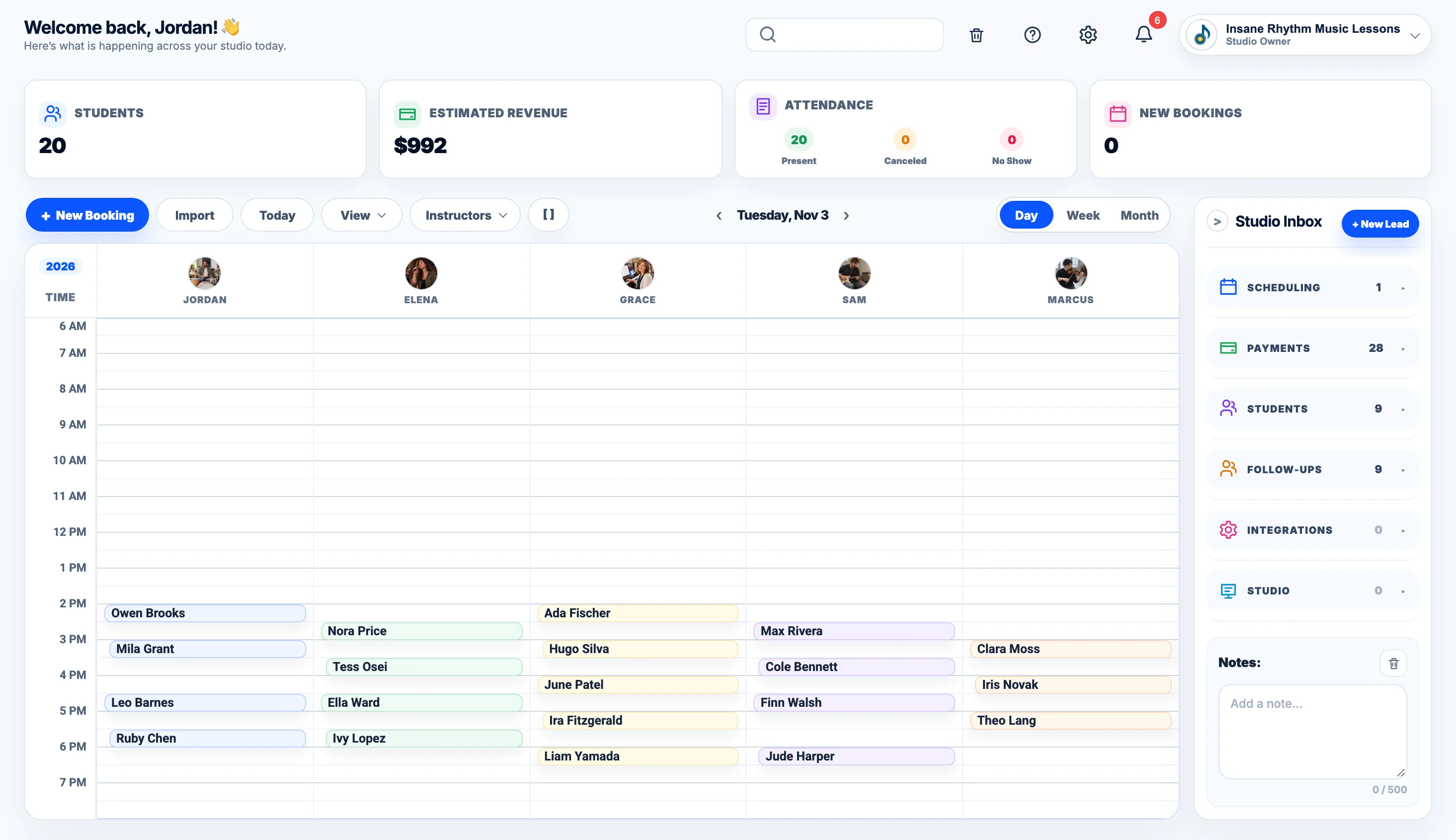 The BookMyLesson dashboard in Day view: five instructors side by side, each in their own column and color