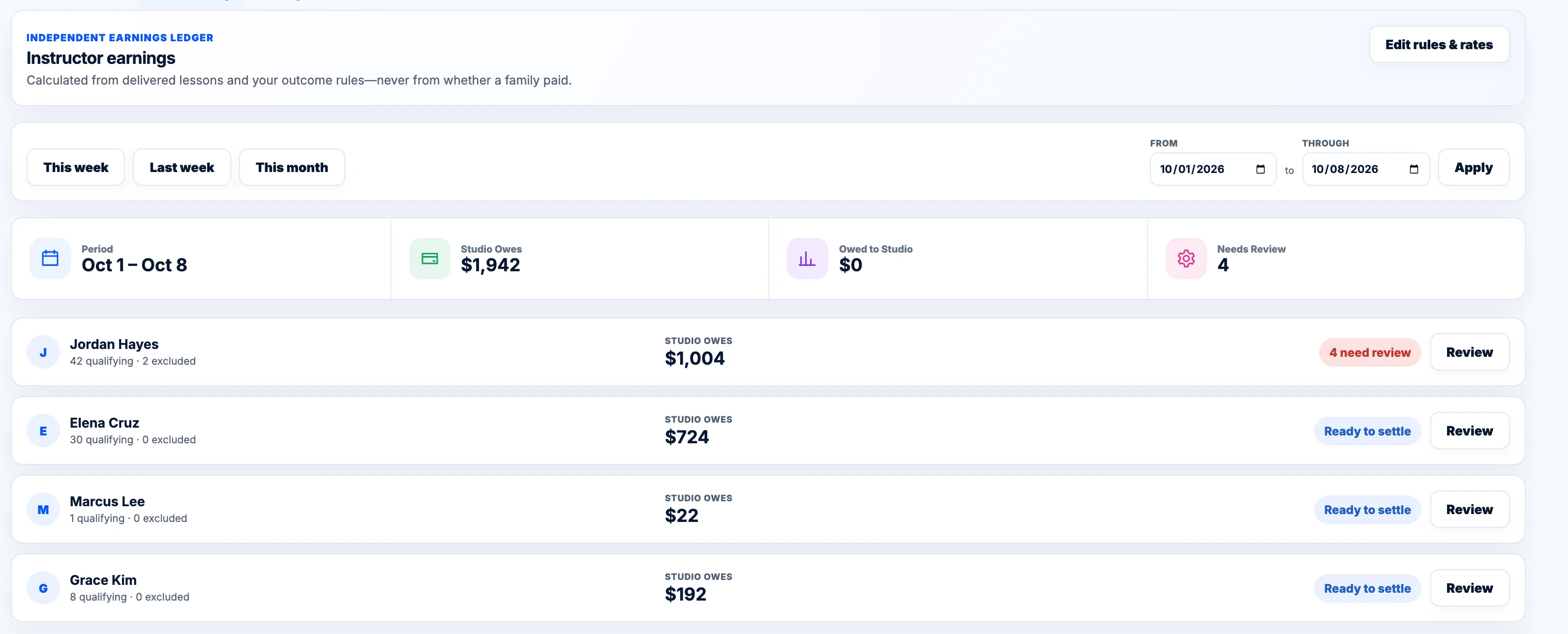 BookMyLesson Instructor Pay ledger with what the studio owes each instructor