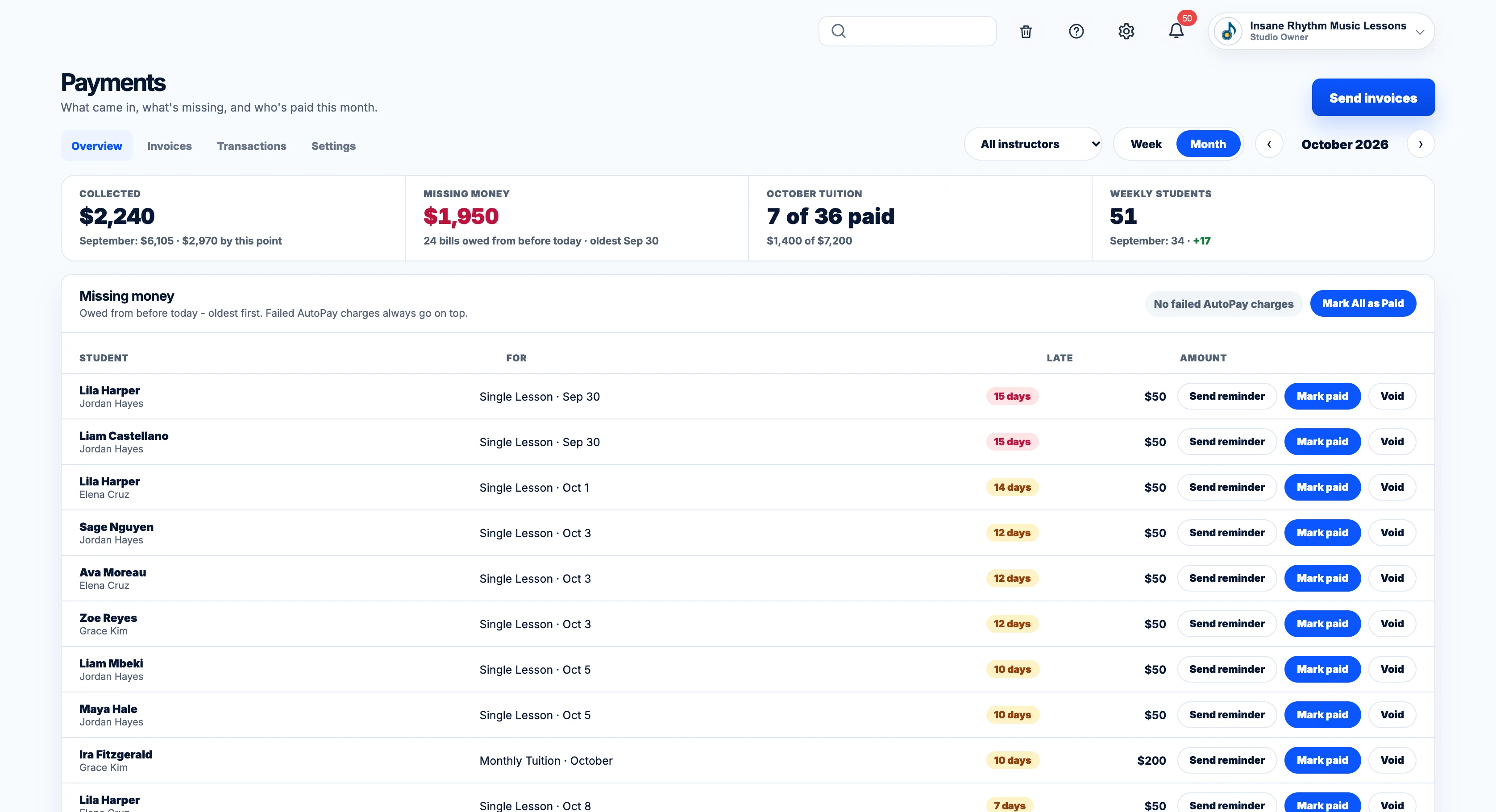 BookMyLesson Payments: Missing money with Send reminder, Mark paid and Void
