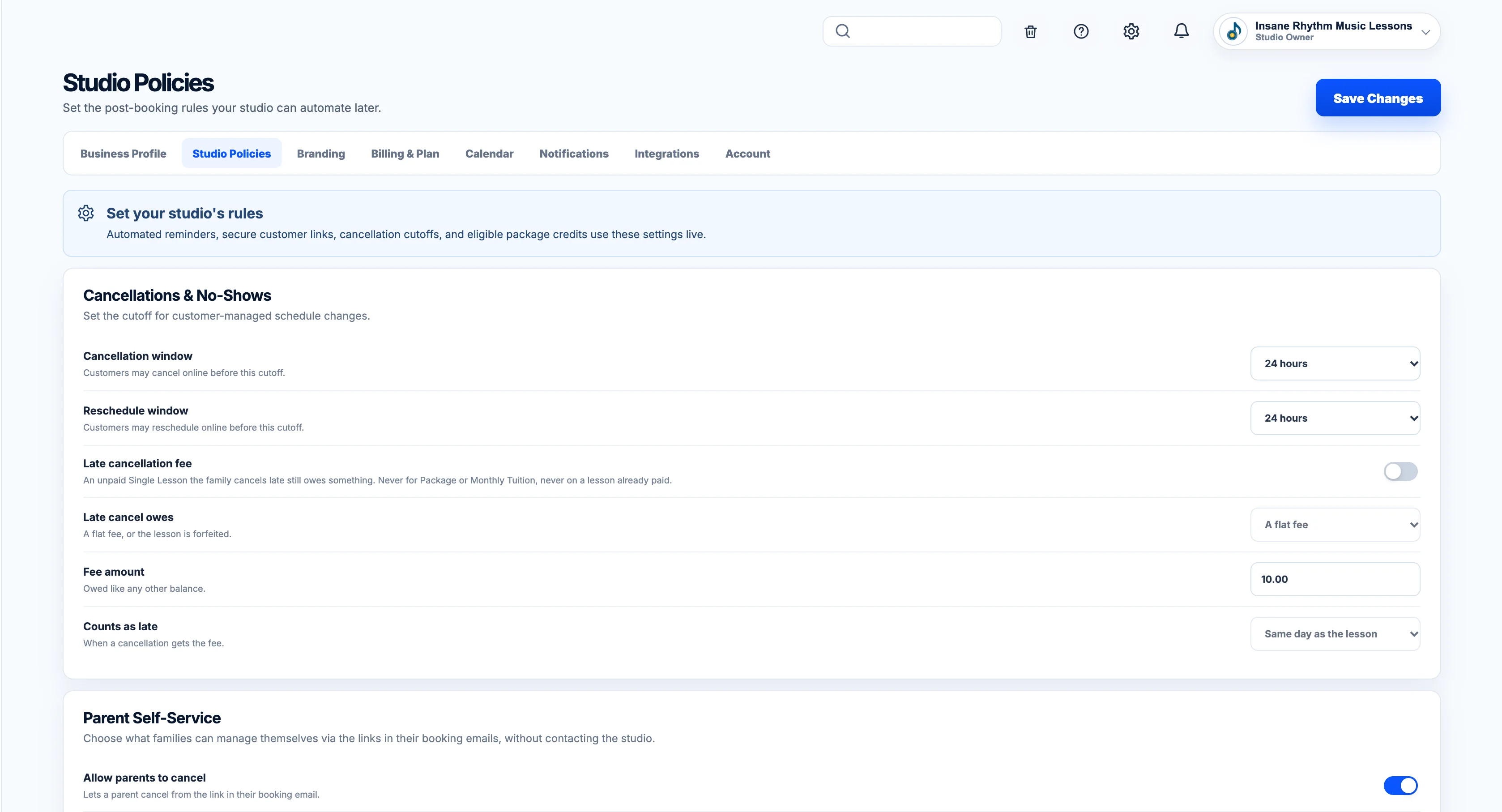 BookMyLesson Studio Policies settings