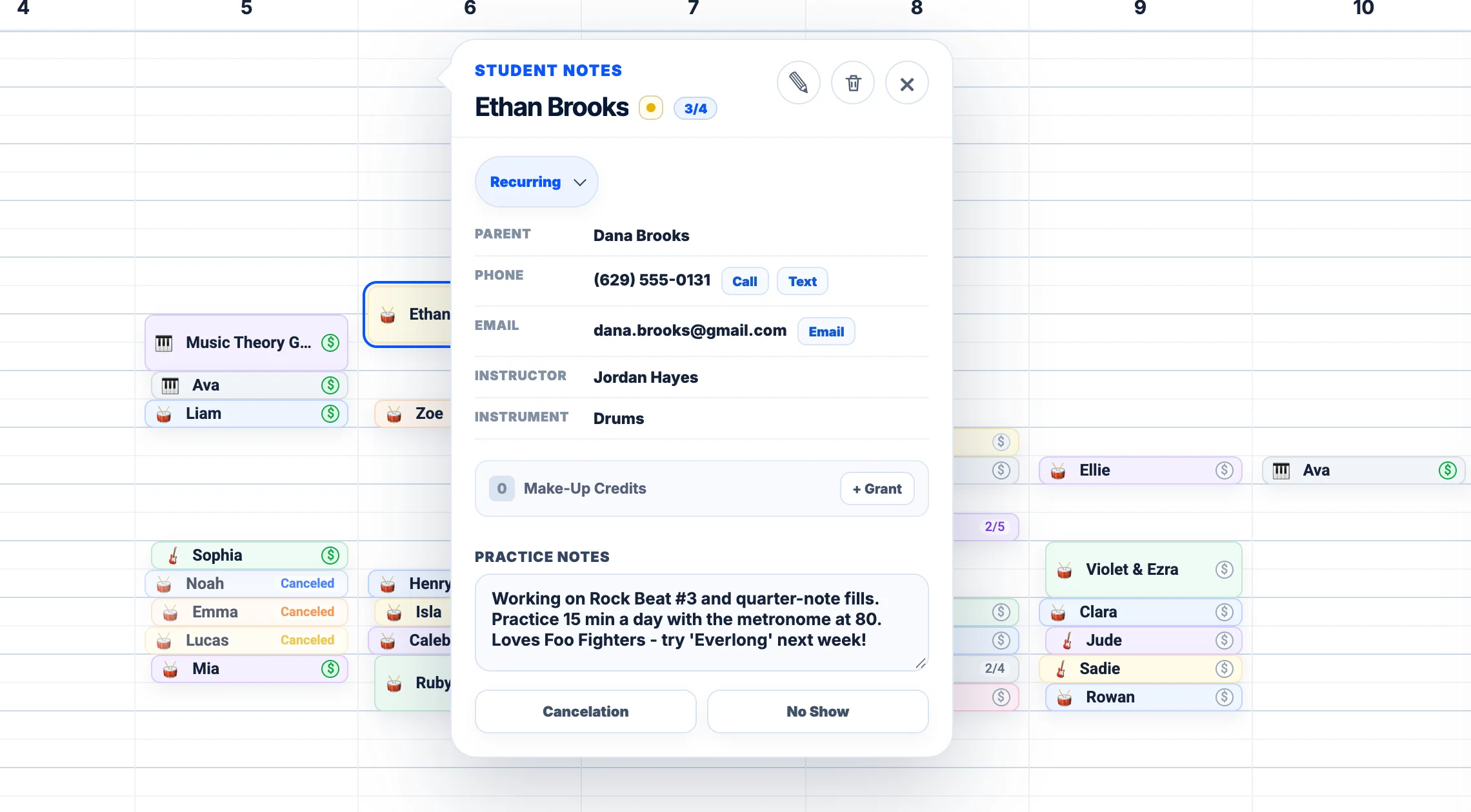 A student's notes pop-up on the BookMyLesson calendar