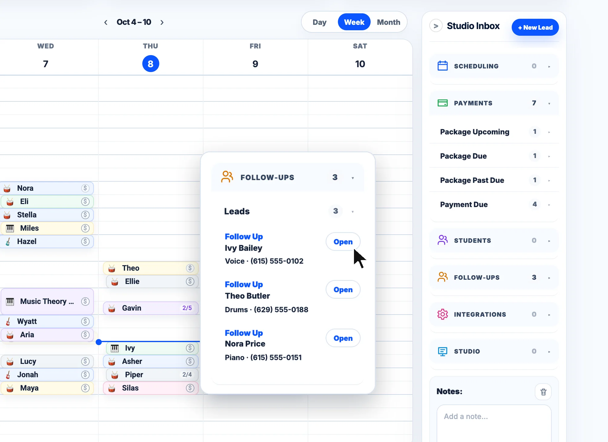 BookMyLesson Studio Inbox with payments and follow-ups open