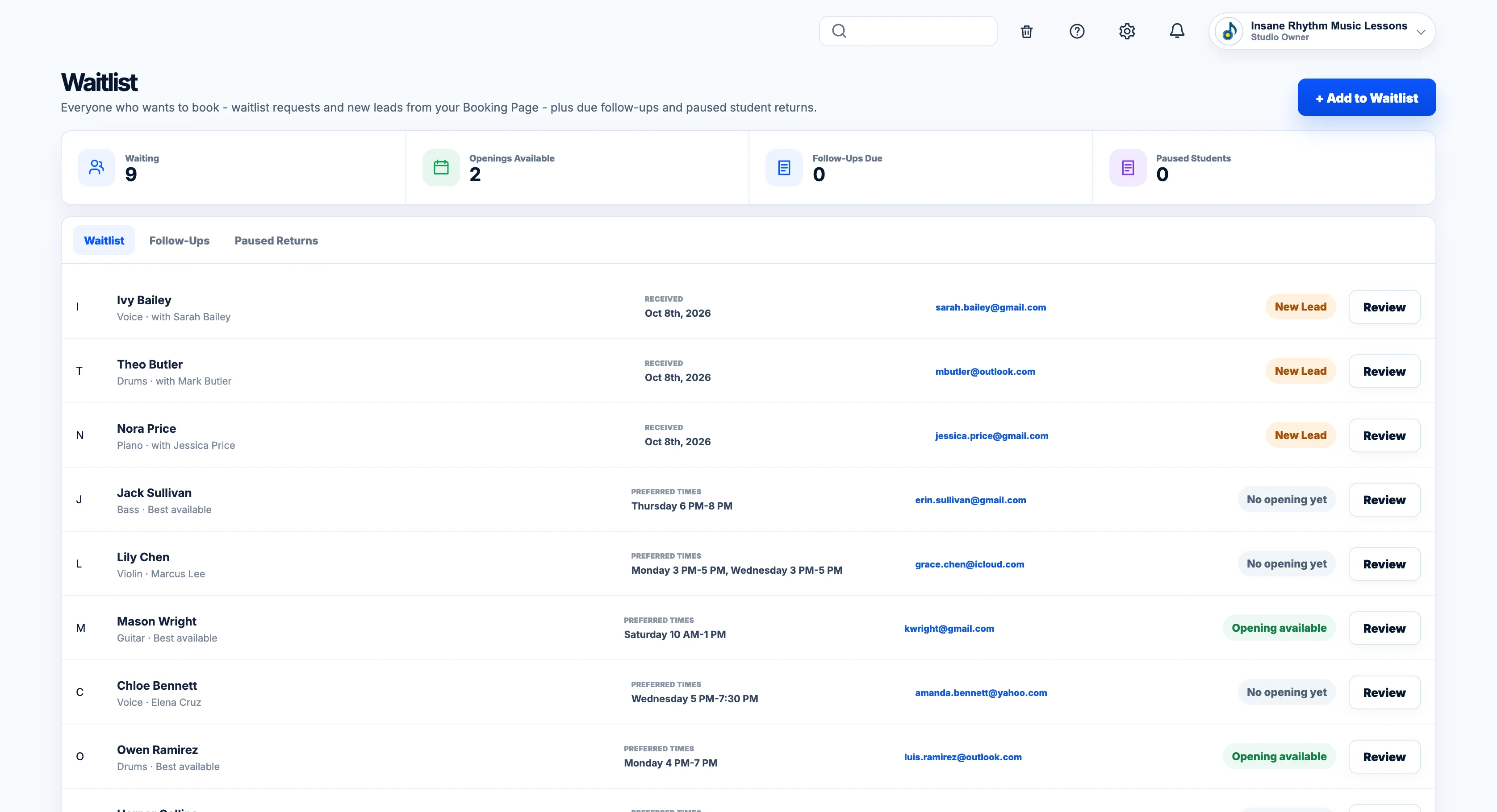 The BookMyLesson Waitlist with families waiting and openings available