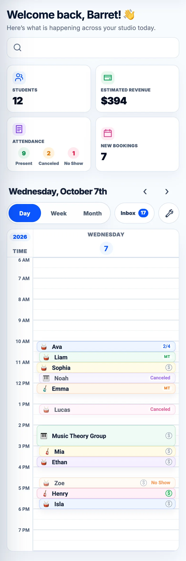 BookMyLesson mobile Home Dashboard