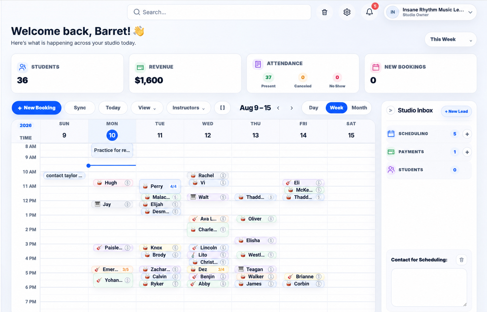BookMyLesson Home Dashboard