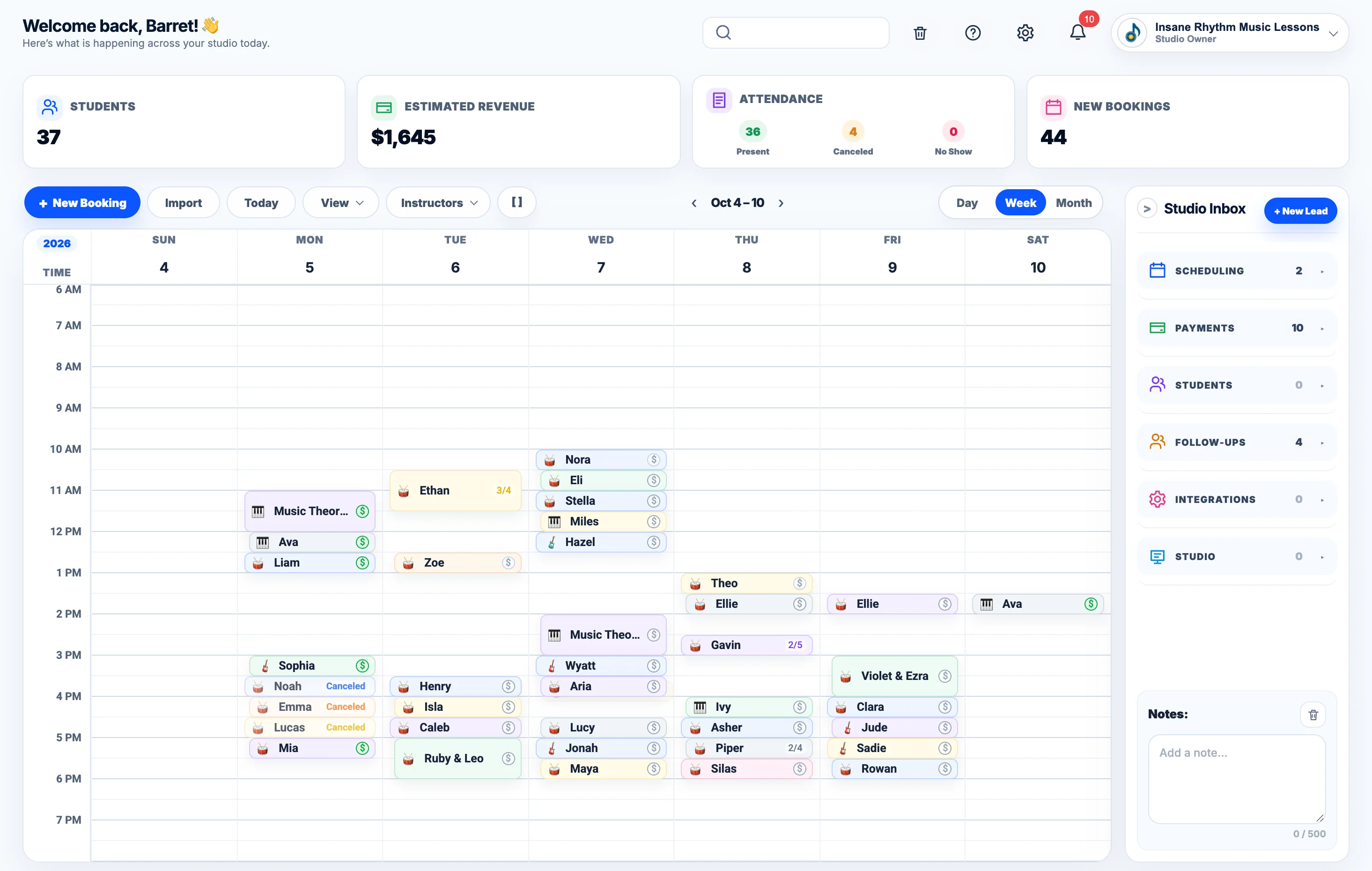 BookMyLesson Home Dashboard